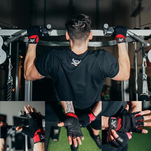 BEAST RAGE Workout Gloves for Men, Durable Palm Grip Gym Gloves Women Half Finger Elasticated Training Weight Lifting Strength Bodybuilding Anti Slip Cycling Gloves Exercise - color: Red, size: X-Large