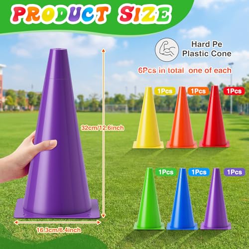 Seenelling 6 Pcs PE Cones Flexible Vinyl Poly 6-Colored PE Class Equipment for Sports Training - size: 12.5 Inch