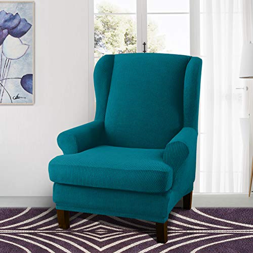 Granbest Premium Water Repellent Wingback Chair Cover 2-Piece High Stretch Jacquard Fabric Wing Back Chair Slipcovers (Wing Chair Cover, Blackish Green) - color: Blackish Green