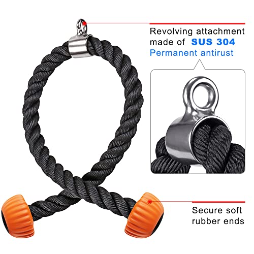 SELEWARE Rotating Straight Bar, Tricep Rope, Double D Row Handle, Rotating V Handle, Cable Machine Attachment with Non-Slip Soft Rubber Grip, Universal Attachment for Cable Machines - color: Orange Rubber Tricep Rope - 28inch