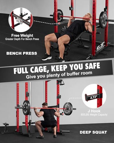RH01 Power Cage Rack, 2000LBS Squat Rack with with Cable Crossover System&LAT Pull Down System, Multi-Function Workout Cage for Home&Garage Gym - color: Red, size: RH01 Power Cage