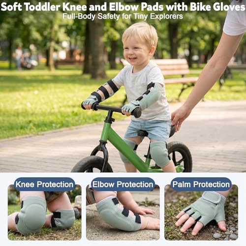 Soft Toddler Knee Pads and Elbow Pads Set with Bike Gloves | Non-Slip Toddler Knee Pads for Boys Girls 2-4 Years, Breathable Kids Protective Gear for Balance Bike, Scooter, Bicycle - color: Sage Green