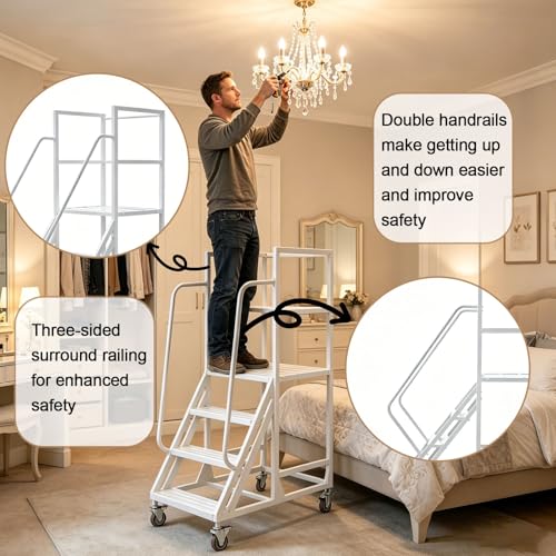 6 Step Rolling Warehouse Step Ladder, Industrial Mobile Staircase on Wheels, 1100Lbs Weight Capacity, Heavy Duty Mobile Platform Ladder with Handrails, Suitable for Warehouse, Library (White, 6 steps) - color: White
