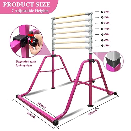 Foldable & Moveable Gymnastics Horizontal Bar with Rings,3’to 5’Adjustable Height Expandable Junior Kip Bar for Home,Indoor Gym Equipment for Kids - style: Foldable Pink with Rings