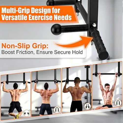 Joist Mounted Pull Up Bar, 650LB Load, Fit 16" Ceiling Beam Spacing | Multi-Grip with Finger Balls; 2 Suspension Rings; Fit Solid Concrete and Wood Mount; Home Gym, Garage & Basement