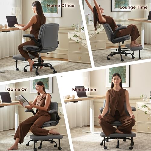 AreShark Cross Legged Office Chair,ADHD Criss Cross Desk Chair with Wheels & Stretchable Rotating Footrest,Height Adjustable Wide Yoga Kneeling Meditation Chair with Flip-up Armrests Back Support - color: Grey