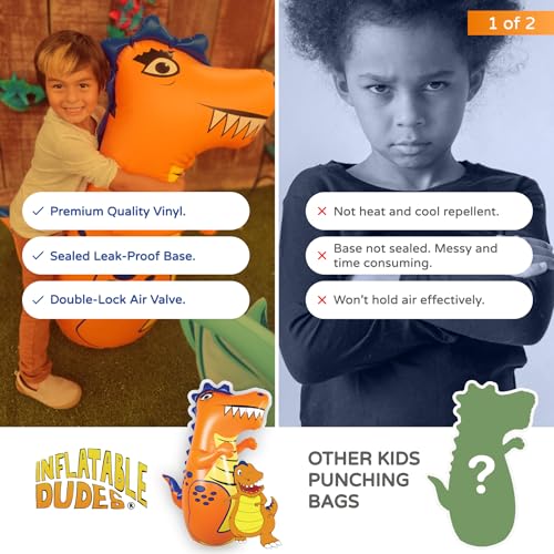 INFLATABLE DUDES Dinosaurs -Kids Punching Bag | Sand-Base | Bop Bag, Pre-filled with Sand, Inflatable Toy, Punching Bag for Kids, Enhanced Bounce-Back Action, Indoor/Outdoor - color: Orange T-Rex | Pre-filled with Sand