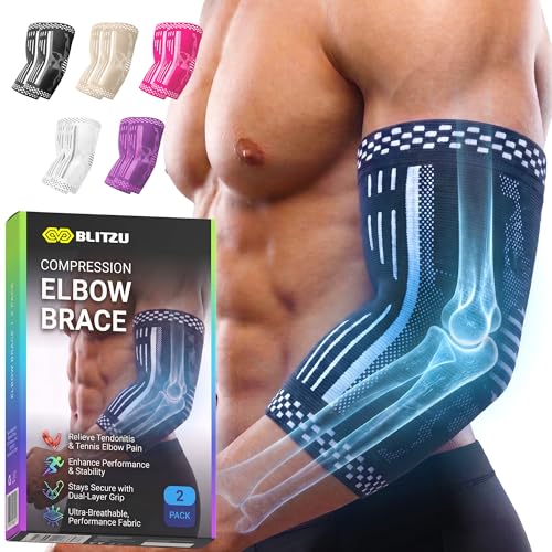 BLITZU Elbow Compression Sleeve for Tendonitis, Tennis Elbow Brace 2 Pack X | Targeted Arm Support, Joint Stability, Muscle Recovery, Workout Protection, Tendonitis & Arthritis Relief, All-Day Comfort - color: Black, size: X-Large