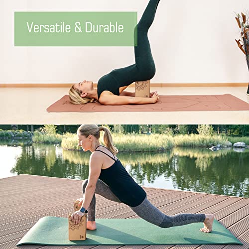 Overmont Cork Yoga Blocks 2 pack with 8ft Strap Natural Cork Bricks | High Density & Eco Friendly Yoga Accessories for Women - Ideal for Yoga Pilates General Fitness and Stretching 9x6x3''