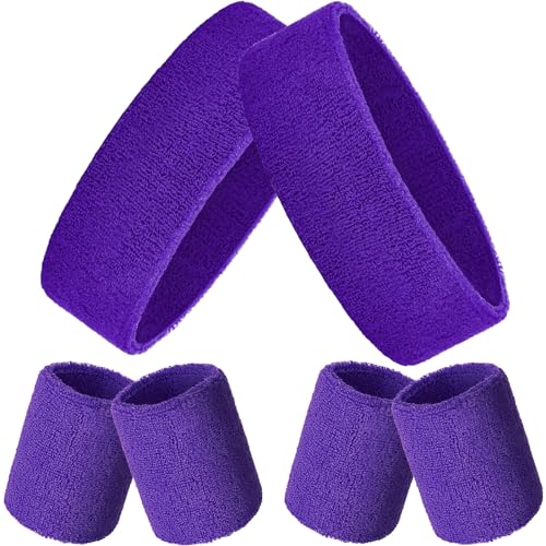 Bememo 6 Pcs Neon Sports Sweatbands Set Sports Competitions Sweatbands 2 Headband 4 Wristbands Breathable Terry Cloth Athletic Bands for Team Soccer Spirit 80s Costumes Cosplay - color: Purple