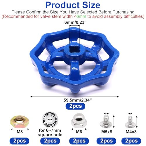 2 Pack Outdoor Faucet Handle Replacement, 6mm x 6mm Square Stem Hole Water Spigot Handle Replacement, Cast Iron Round Wheel Outside Faucet Handles with Screws Spacer (Blue) - color: Blue, size: 6mm x 6mm (2pcs)