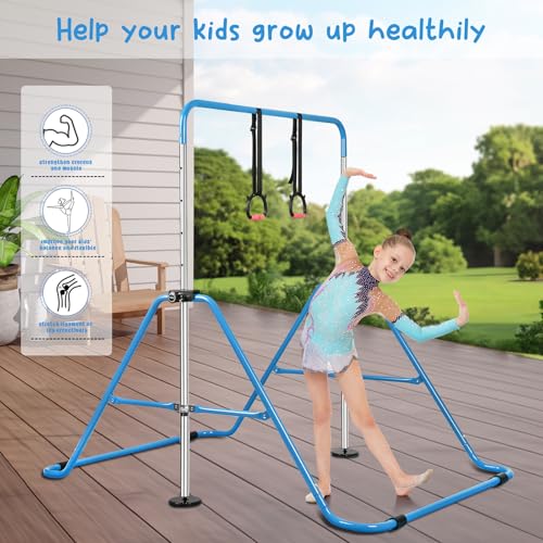 Expandable Gymnastics Bars with Ring, Adjustable Height Gymnastic Horizontal Bars, Gym Junior Training Bar Children Folding Training Monkey Bars for Kids - color: Blue