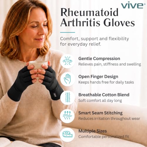 Vive Arthritis Gloves - Men, Women Rheumatoid Compression Hand Glove | Osteoarthritis- Arthritic Joint Pain Relief - Carpal Tunnel Wrist Support - Open Finger, Fingerless Thumb for Computer Typing - color: Black, size: X-Large