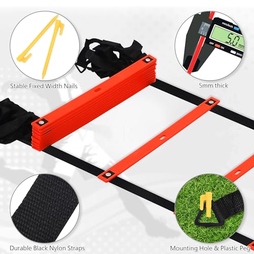 Fixed Rung Agility Ladder - 20ft 12 Rungs No Tangle Speed and Agility Training Equipment for Soccer Footwork Training with Carrying Bag/Ground Stakes for Adults Youth Kids - color: Orange