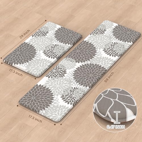 Anti Fatigue Kitchen Mats,Non Slip Boho Dahlia Kitchen Rugs Sets 2 Piece, Waterproof Farmhouse Kitchen Mat for Floor,Cushioned Standing Mat for Office,Laundry,Sink,Desk,Grey - color: Grey, size: 17.3" x 59 "+ 17.3" x 29 "--0.47 inches