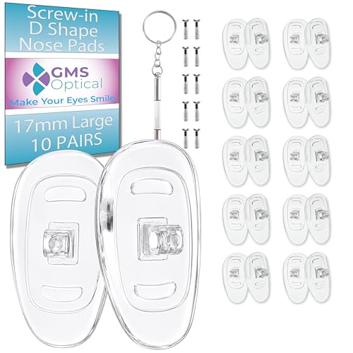 GMS Optical Screw-in Silicone Nose Pads for Glasses | 17mm Large, 7.6mm Width | Non Slip Nose Grips for Sunglasses and Eyewear, Anti Slip Eyeglass Accessories w/Screws & Screwdriver (10 Pairs) - size: (L)17mm - 10 Pairs
