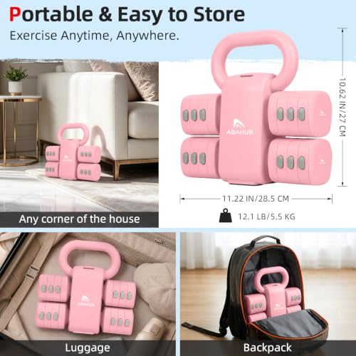 Abahub 2 in 1 Kettlebell & Dumbbell Set for Home Gym, Adjustable Weights Dumbbell Set with Kettlebell Grip Converter, Full Body Workout Kettlebell Set of 2 for Men Women - color: Pink