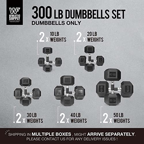 WF Athletic Supply Rubber Encased Hex Dumbbells with Rubber Grip Contoured Handle for Muscle Toning, Strength Building & Full Body Workout - color: w. 300LB Dumbbell Set Only