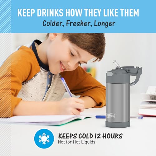 THERMOS FUNTAINER Water Bottle with Straw, 12oz, Grey | Kids Stainless Steel Insulated Water Bottle, Keeps Drinks Cold Longer for School & Play, BPA-Free - color: Gray, size: 12 Ounces