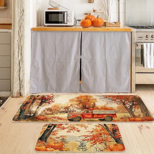FYSUIMU Fall Kitchen Mats Fall Harvest Rugs Set of 2 Watercolor Autumn Maple Scene Pumpkin Truck Non-Slip Floor Mat Thanksgiving Aesthetic Decorative Bath Rugs for Home, 17 x 29 Inch & 17 x 47 Inch