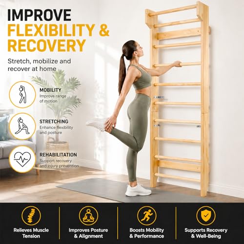 Swedish Ladder Wall Mounted Pull Up Bar - Hardwood Stall Bars - Swedish Wall Ladder & Wooden Pull Up Bar, Swedish Ladder Wall Gym Adult - Natural