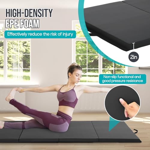 Gymnastics Mat - Tumbling & Exercise - 4 Folding - Indoor/Outdoor - Extra Thick - High Density - Yoga & Arts - color: BLACK