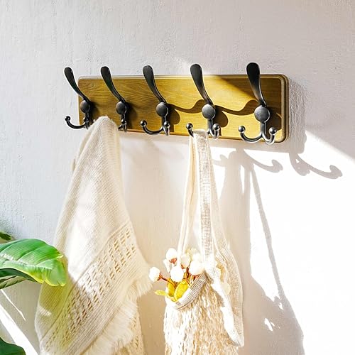 Dseap Wall Mount Coat Hanger - Heavy-Duty Robust Barnwood-Style Wooden Hook Rail with 5 Triple Hooks for Winter Coats, Hats, Jackets, Weathered Green & Black - color: Weathered Green & Black, size: L=17.4"