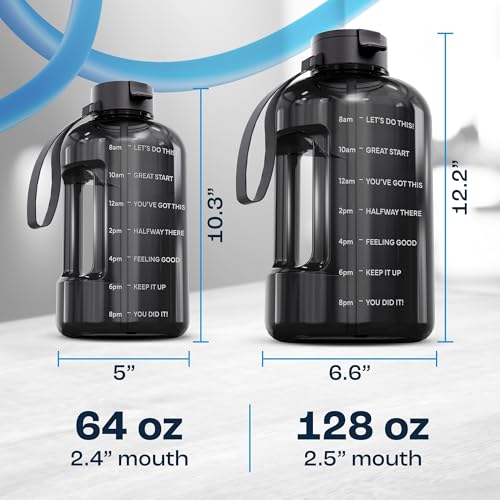 AQUAFIT Half Gallon Water Bottle with Motivational Quotes | BPA Free 64 oz Water Bottle with Straw and Chug Lids - Leakproof Gym Water Bottle with Carry Handle (Blue) - color: Blue, style: 64 oz - 2 Lids