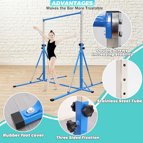FC FUNCHEER Foldable Gymnastics Bar,5FT Horizontal bar,Adjustable Kids Training bar for Kids Ages 3-15,Kids Gymnastics bar,Triangle Stable Structure-Gym Equipment for Home - color: Blue, style: Bar-Swing-Rings