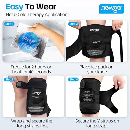 NEWGO Ice Pack for Knee Injuries Reusable, Knee Ice Pack Wrap Around Entire Knees for Replacement Surgery Recovery, Gel Cold Pack Wrap for Meniscus Tear, ACL, Swelling Pain Relief - Black | Y-shaped Strap Stays Put, Reusable for Knee Replacement, ACL, Art