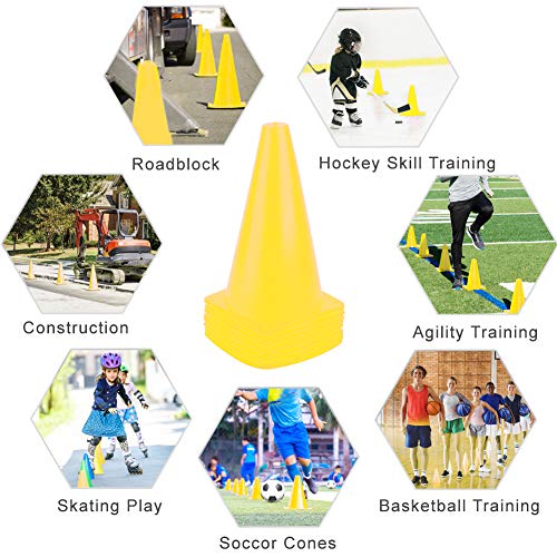 9 Inch Plastic Training Traffic Cones, Sport Cones, Agility Field Marker Cones for Soccer Basketball Football Drills Training, Outdoor Activity or Events - (Set of 10, 12, 15 or 24, 4 Colors) - color: 10 Pack Yellow