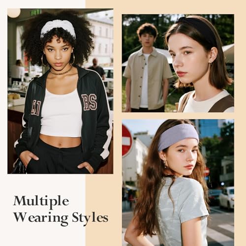HSEM Headbands for Women, Wide Elastic Head Bands, Non-Slip Thick Hair Bands, Sports Stretchy Sweat Bands, Large Knotted Soft Headband for Washing Face, Makeup, Workout, Spa, Two Black/White/Gray - color: Two Black/White/Link Gray