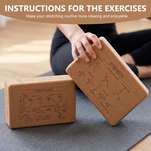 2pcs Cork Blocks, 43 Poses, Non-Slip, Stable Support | Premium Cork, Multifunctional, for Yoga Beginners Meditation Fitness Stretching, Ideal Gift