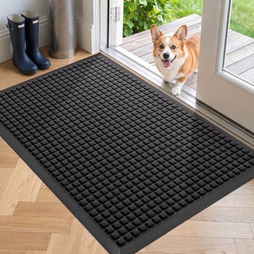 Front Door Mat Outside Entrance, Heavy Duty Waterproof Doormat | 29.5"x17" Indoor/Outdoor Dirt Trapper with Non-Slip Rubber Backing, Low Profile Easy Clean, Stain & Fade Resistant Black - color: Black, size: 1'5" x 2'6" (Rectangular)