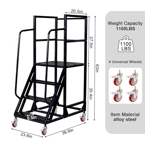 4 Step Rolling Ladder with Handrails, 1100 lbs Capacity Heavy Duty Mobile Warehouse Ladder with Wheels, Industrial Steel Non-Slip Rolling Stairs with Large Platform, for Garage Stockroom Library - color: Black, size: 4 Step