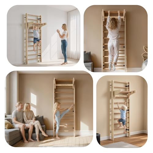 Multi-Function Gymnastics Swedish Ladder,Wall Mounted Wooden Gymnastics Bar,Indoor Home Gym for Kids & Adults