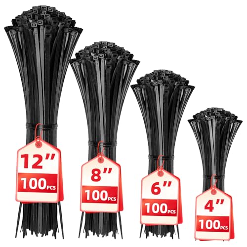 Cable Zip Ties,400 Pack Black Assorted Sizes 12+8+6+4 Inch,Multi-Purpose Self-Locking Nylon Cable Cord Management,Plastic Wire Ties for Home,Office,Garden,Workshop. By HAVE ME TD - color: Black, size: 4+6+8+12-Inch(400PCS Set)