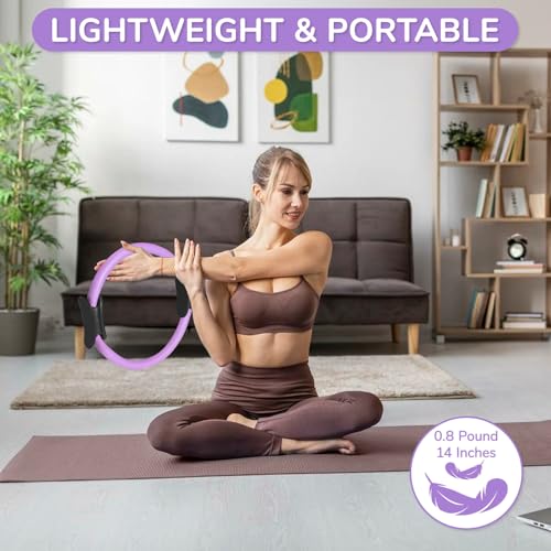 TOPZGLEEY Pilates Ring Set – 14" Anti-Deformation Magic Circle with Padded Handles, Mini Ball, 5 Resistance Bands, Guide, Pilates Equipment for Home Workout - color: PURPLE