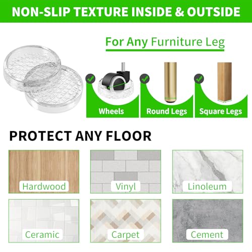 1.6"x1.6" Round Rubber Furniture Caster Cups, 12 PCS Chair Coasters for Carpet - Clear Non Slip Furniture Pads with Grip, Carpet Protector for Furniture Legs - Protect Any Flooring - size: 1.6" 12pcs Clear