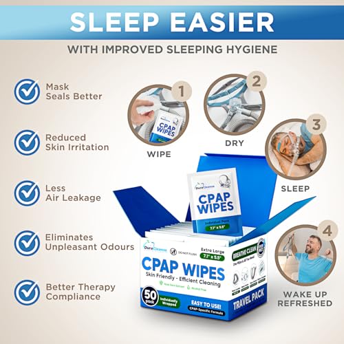 Dura Cleanse Extra Large, Extra Moist Cleaning Wipes for Full Face, Nasal Masks - 50 CPAP Travel Wipes - Unscented Cleaner for Sleep Machine, Supplies and Accessories - size: 50 Count (Travel Pack)