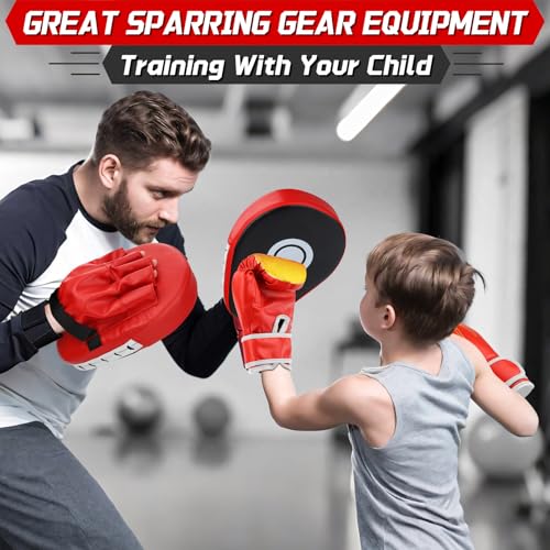 3-in-1 Boxing Gloves and Punching Mitts Set for Kids Youth, Kids Boxing Gloves Curved Punching Pads with Hand Wraps, Focus Mitts Boxing Equipment Set for Boxing Training MMA Karate Muay Thai Taekwondo