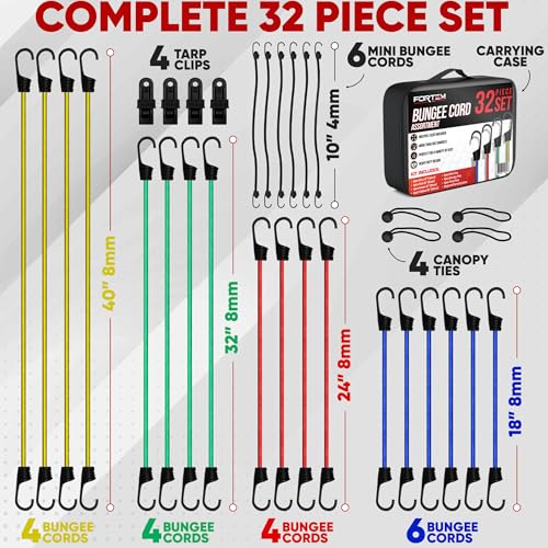 FORTEM Bungee Cord Assortment, 32pk Bungee Cords Multi Pack, Includes 10", 18", 24", 32", 40" Bungees and 8" Canopy/Tarp Ball Ties, Plastic Coated Metal Hooks - size: Pack of 32 Standard (10", 18", 24", 32", 40")
