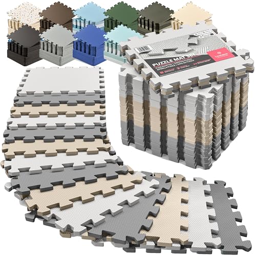bemaxx Gym Mats Set - 18 pcs EVA Interlocking Foam Floor Tiles (12.6"x12.6"x0.4") 18sqft Protective Gym Flooring Sports Home Workout Exercise Mats Puzzle Garage Fitness Play-Room Pool Treadmill Bike - color: Sand Stone Trio, size: 18 Tiles | 18 sq ft
