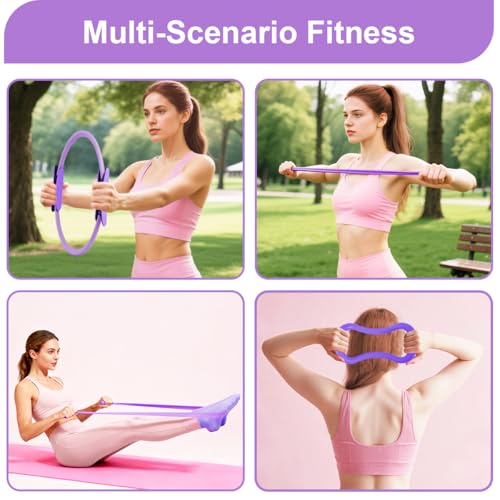 Home Pilates Kit for Women, Workout Set with 12.9" Ring, 9.8" Mini Ball, 4 Fabric Bands, Figure-8 Band, Stretch Band, D-Ring Strap, Cordless Jump Rope, Socks, Carry Bag - color: purple