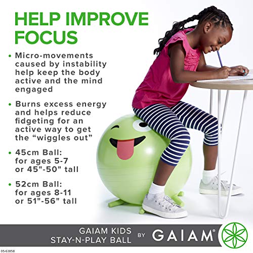 Gaiam Kids Stay-N-Play Children's Balance Ball - Flexible School Chair Active Classroom Desk Alternative Seating Built-In Stay-Put Soft Stability Legs, Includes Air Pump - color: Blue, size: 52cm