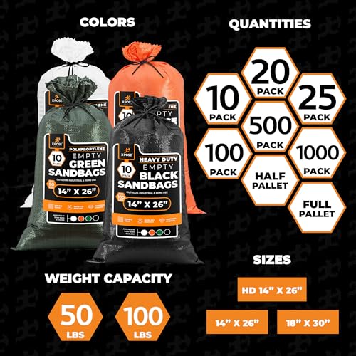 Xpose Safety Heavy Duty Sand Bags with Tie Strings – Empty Woven Polypropylene Sandbags for Hurricane Flood Protection, 100 lb Capacity, 14" x 26", Black, Bulk Half Pallet Pack of 4000 - color: Black, size: 4000 Sandbags (Half Pallet)