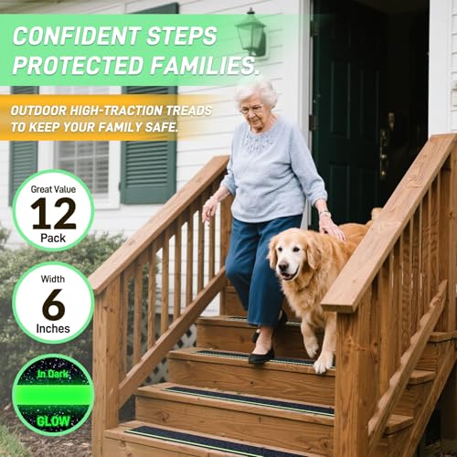 12-Pack 6”x30” Anti Slip Tape with Glow in the Dark Stripe, Pre-Cut Stair Treads Non Slip Traction Tape for Outdoor/Indoor, Waterproof Non Skid Tape for Stair Step, Easy to Install - color: Black/Green, size: 6" x 30"