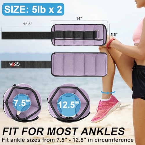 VBSD Adjustable Ankle Weights for Men Women, 2 4 6 8 10 lbs 1 Pair Leg Weight Straps, Weighted Ankle Weight Set with Removable Sandbags for Walking Running Yoga Physical Therapy Gym Home Workout - color: Lavender, size: 5LBx2