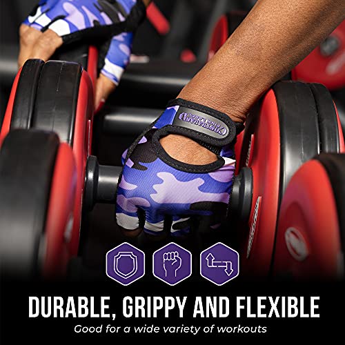 Contraband Pink Label 5217 Women's Design Series Camo Print Lifting and Rowing Gloves (Pair) - Lightweight Vegan Medium Padded Microfiber Amara Leather w/Griplock Silicone - color: Purple, size: X-Small