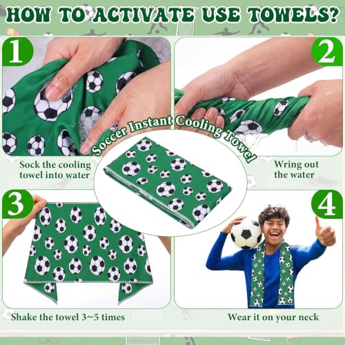 18 Set Soccer Cooling Towels with Plastic Container and Name Card 40"x12" Microfiber Breathable Chilly Ice Towel Sweat Towels Bulk for Neck Players Team Gift Sport Running Party Favors - style: Soccer 2